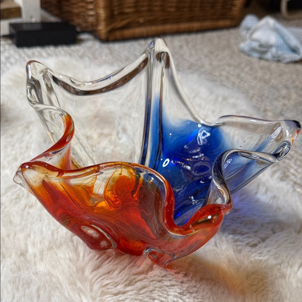 60s Murano art glass bowl in red, orange, and clear glass mouth-blown condy bowl